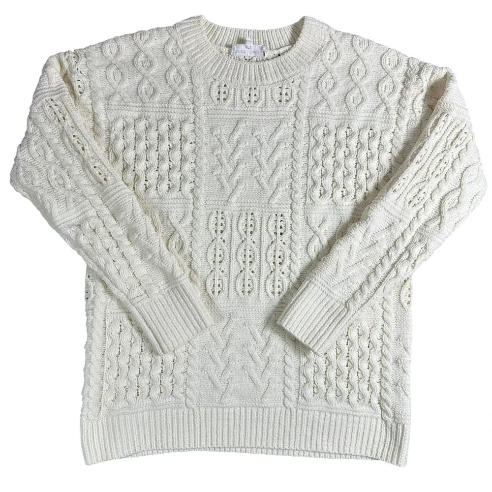 Hazel Moon Womens Cream Chenille‎ Cable Knit Sweater Crewneck Small Ivory